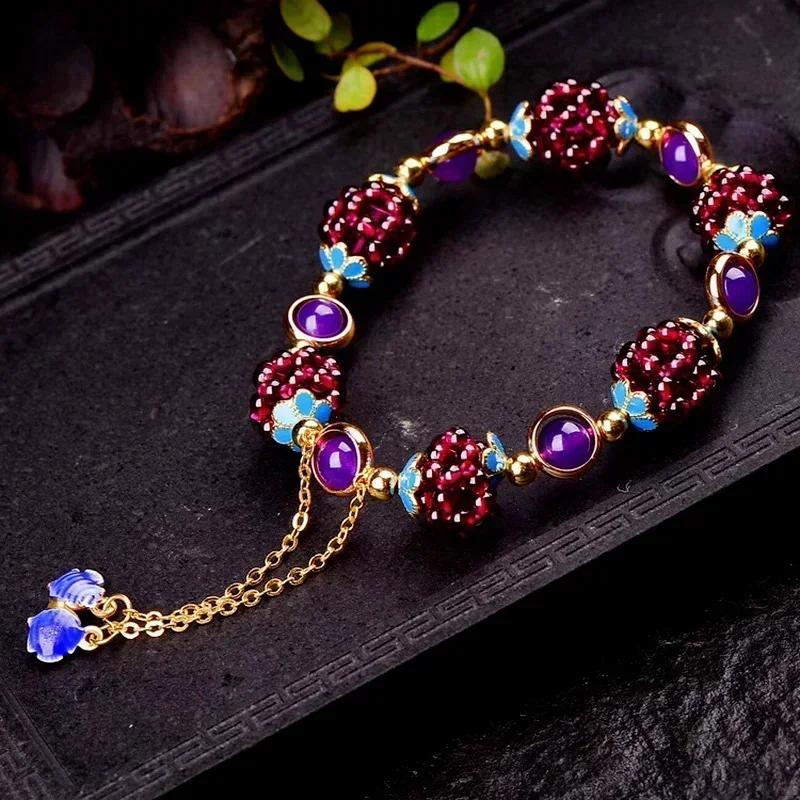 Vintage Simple Bohemia Fashion Natural Garnet Stone Ethnic Bracelet Multi-Circle Pomegranate Crystal Charming Bracelet Gifts