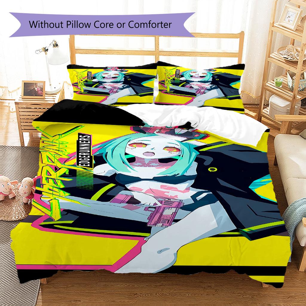 Cyberpunk Edgerunner Muster Bettwäsche, Steppbett Set Bettbezug Kissenbezug Zuhause Geburtstagsgeschenk (1 Bettbezug + 2 Kissenbezüge, ohne Füllung)