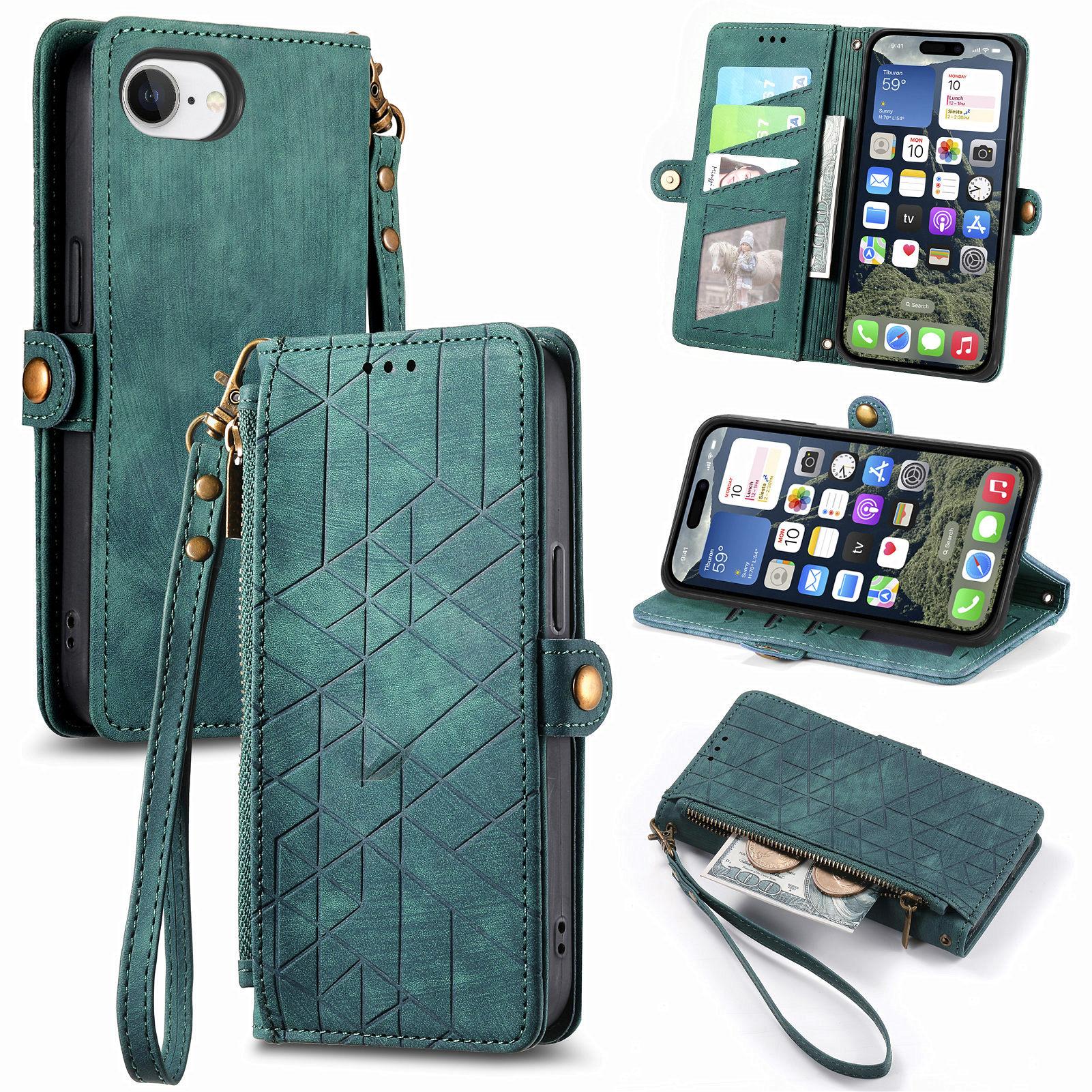 

For iPhone 16e Zipper Wallet Case Geometry Lines Leather Phone Cover with Strap Green