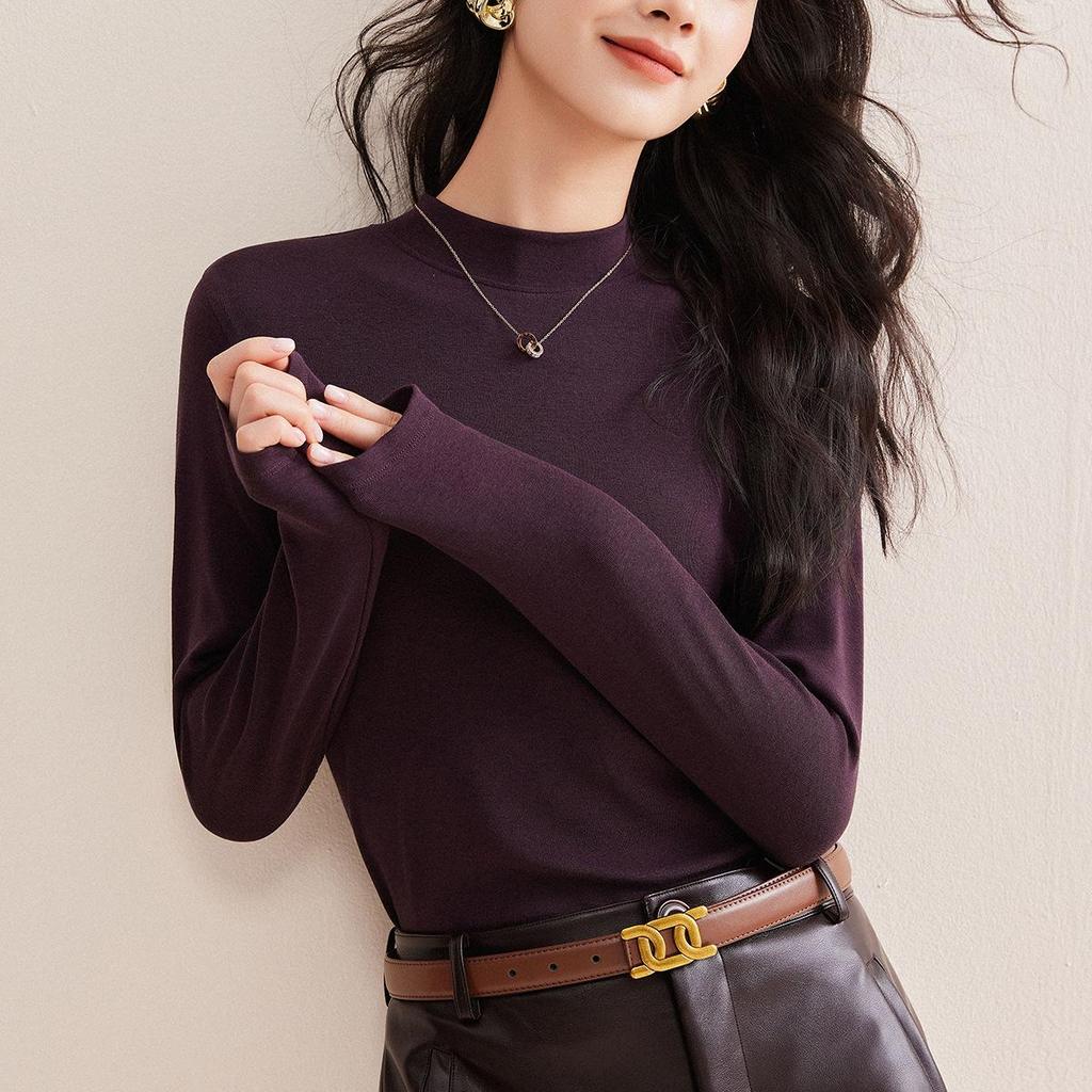 Women’s Tencel Wool Long Sleeve Stand Collar T-Shirt, Spring 2026, Thin White Base Layer, Set-in Shoulders