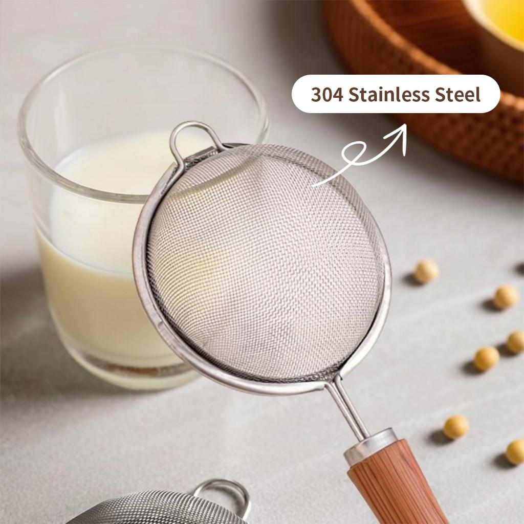 304 Stainless Steel Fine Mesh Strainer Colander Flour Sieve With Plastic Handle Soybean Milk Residue Filter Spoon Kitchen Tools