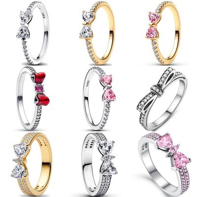 925 Silver Red Pink White Bows Ring For Women Jewelry Open Design Wedding Party Fashion Gift