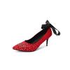 FOREADA Women Pumps Pointed Toe Thin High Heels Crystal Bow Glove Shoes Ladies Fashion Shoes Spring Autumn Red Black Green 43