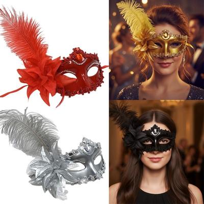 Feather Venetian Mask Rhinestone Decoration Party Mask Masquerade Mask  Christmas Celebration