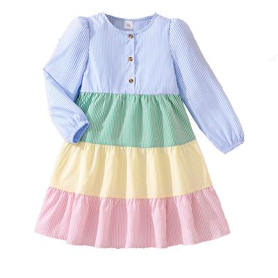Vestito da Ragazza Abbigliamento per Bambini Autunno Nuova moda Arcobaleno Abbinamento Colori Casual a Righe Stampato Maniche Lunghe Gonna