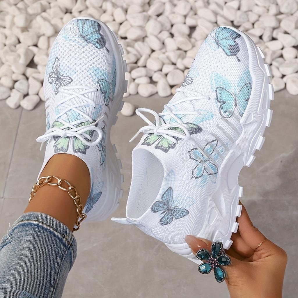 Women's White Sneakers Breathable Running Sneakers with Pastel Purple/Blue Lightweight Lace-Up Platform Shoes