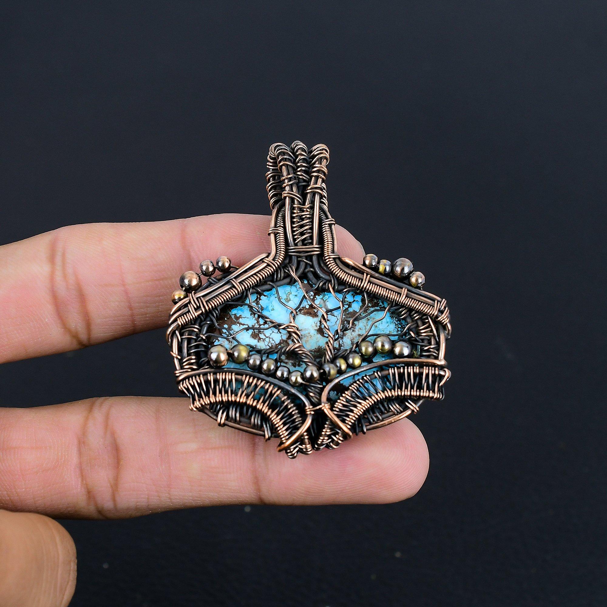 

Подвеска из тибетской бирюзы, ювелирное изделие из драгоценного камня, обернутое медной проволокой 999 пробы, подвеска ручной работы, на День благодарения 2.25 Inches