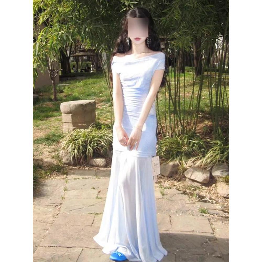 Seaside vacation blue smudged floral slanted shoulder dress mesh stitching temperament waist slim hip fishtail skirt