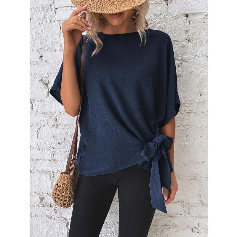 Damen Sommer T-Shirt Einfarbig Fledermausärmel Saum Knoten Lose Kurzarm Top