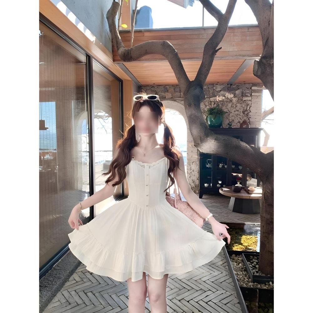 Women's Summer Casual Waist Skirt, New Spring Wear, Small White Suspender Dress