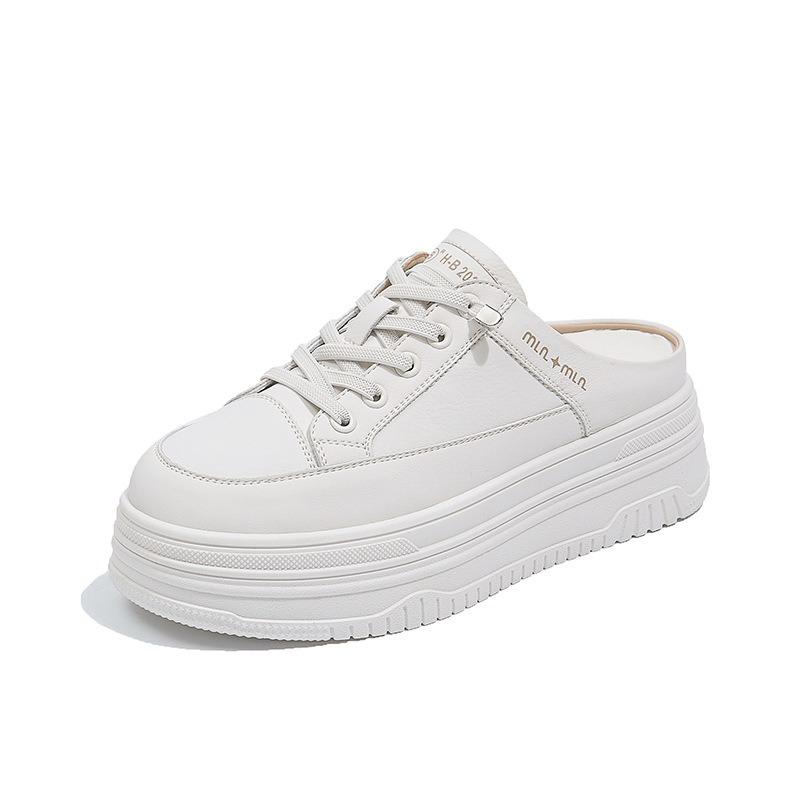Leather inner height increase women's shoes platform without heel, small white shoes, lazy shoes, spring and summer new bag head half slippers