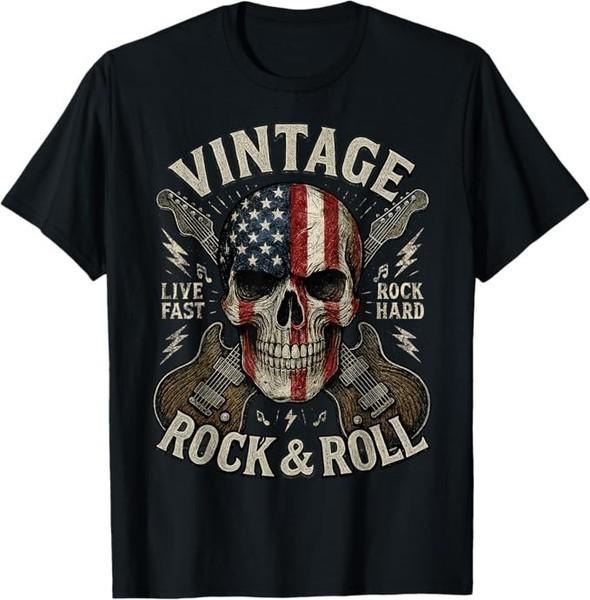 Vintage Rock Skull American Flag Guitar Retro Rock and Roll T-Shirt S разноцветный