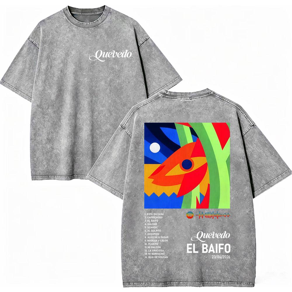 Vintage Washed Quevedo 2026 New Album El Baifo Tshirt High Street Fashion Trend Tshirts Men Women Casual Loose Cotton T Shirt