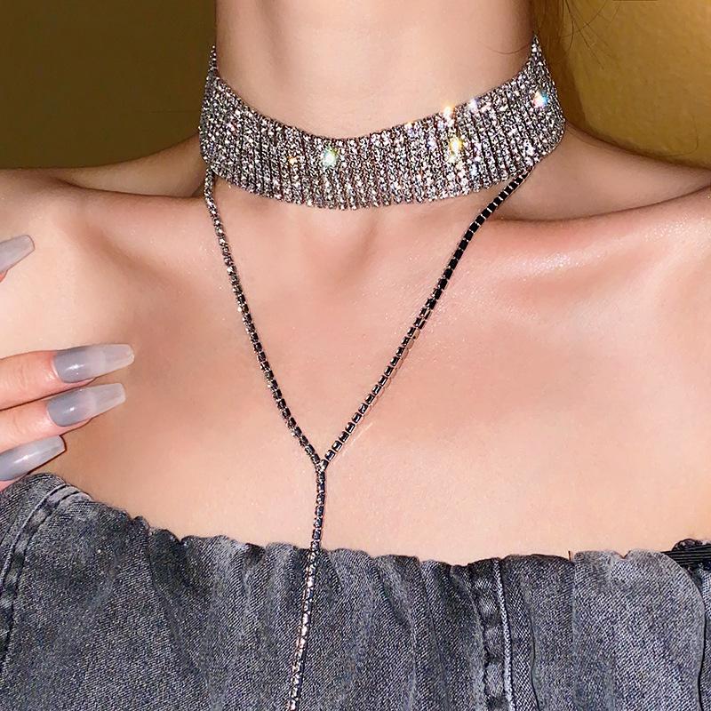 Luxuriöse, bunte Halsketten mit Kristallen für Frauen, mehrschichtige, goldfarbene Kette mit Strasssteinen, Statement-Schmuck