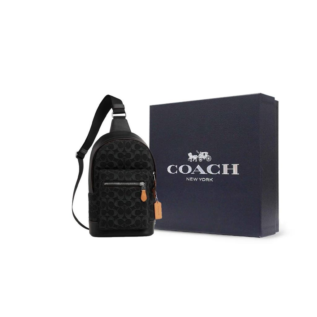 Coach West 20 Classic Logo Multifunction Pocket Zipper Fabric With Leather Shoulder Bag Crossbody Bag Chest Bag Small Men bags Khaki Black CO913-SVBK