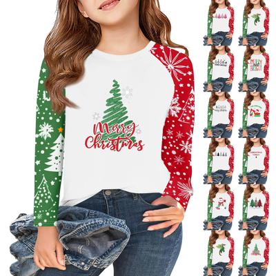 Mädchen Langarm Weihnachts-T-Shirts Kinder Herbst Oberteile Rundhals Basic T-Shirts 5-14J