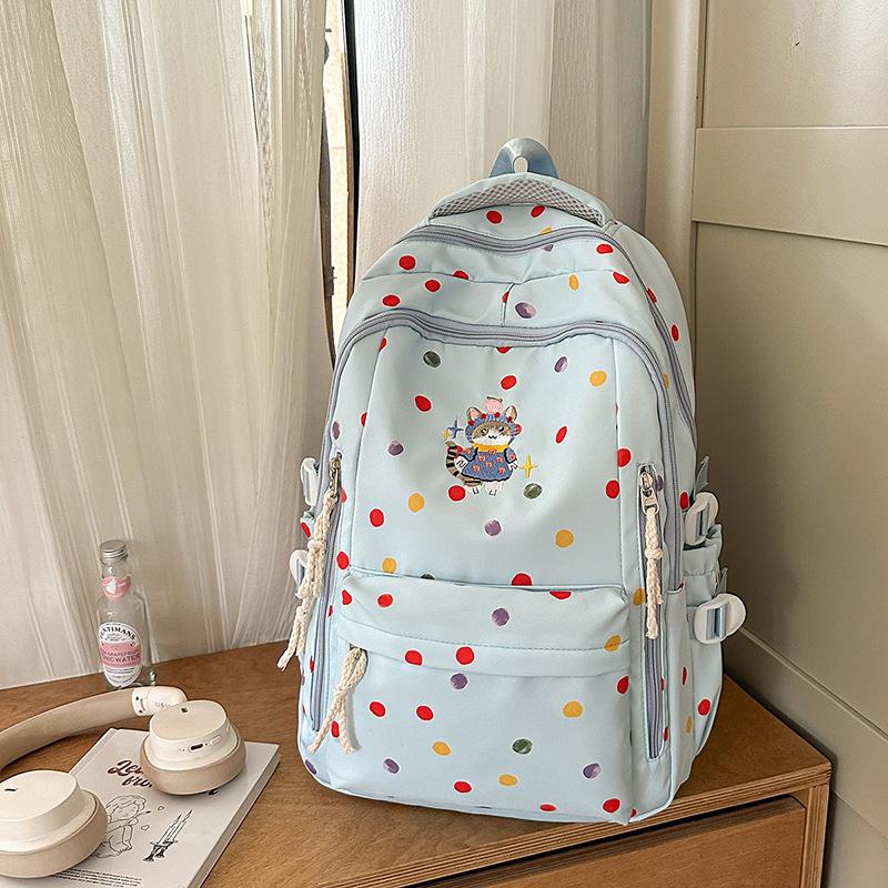 New High-value, Fresh and Sweet Polka Dot Backpack for Junior High School Students, Contrasting Colors, Lightweight and Large-capacity Backpack.