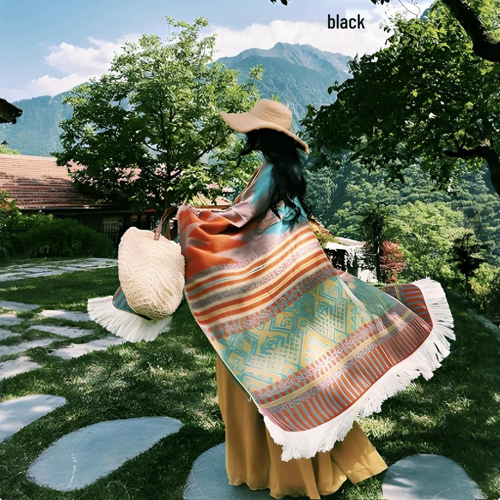Ethnic Style Tassel Shawl: Xinjiang Tibet Yunnan Lijiang Travel Jacquard Outerwear Warm Striped Cape