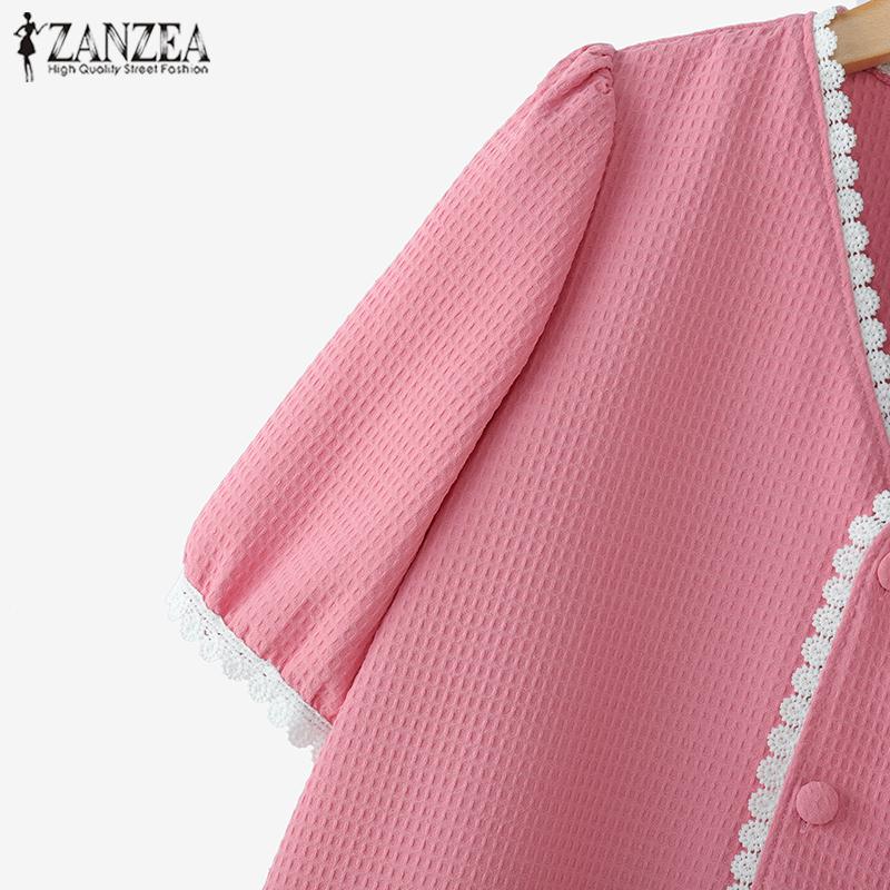 ZANZEA Women Casual Lace Splice V-Neck Summer Half Sleeve Blouse