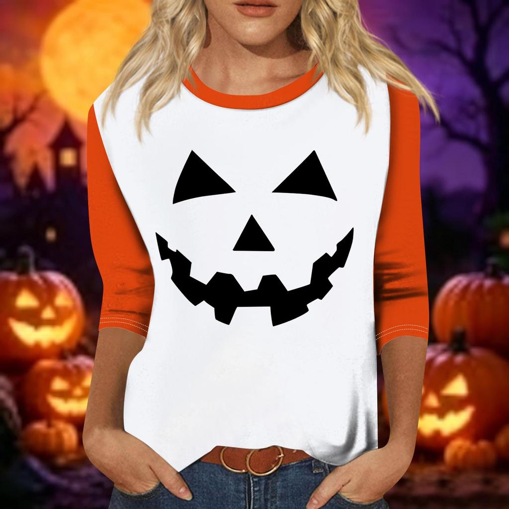 Women's Casual Halloween Print Three Quarter Sleeve Round Neck Top Lightweight Soft Fabric Comfortable Fit Seasonal Shirt