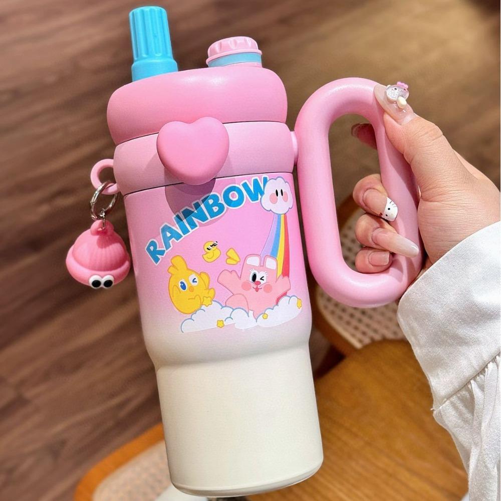 800ml Cartoon Doll Straw Thermos Cup Stainless Steel Insulated Water Cup  Office