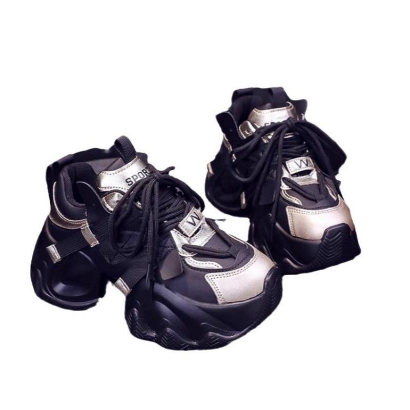 Casual chunky sneakers Women  Synthetic Leather Mixed Colors Thick Soles Lace-up Breathable Ladies Shoes for woman