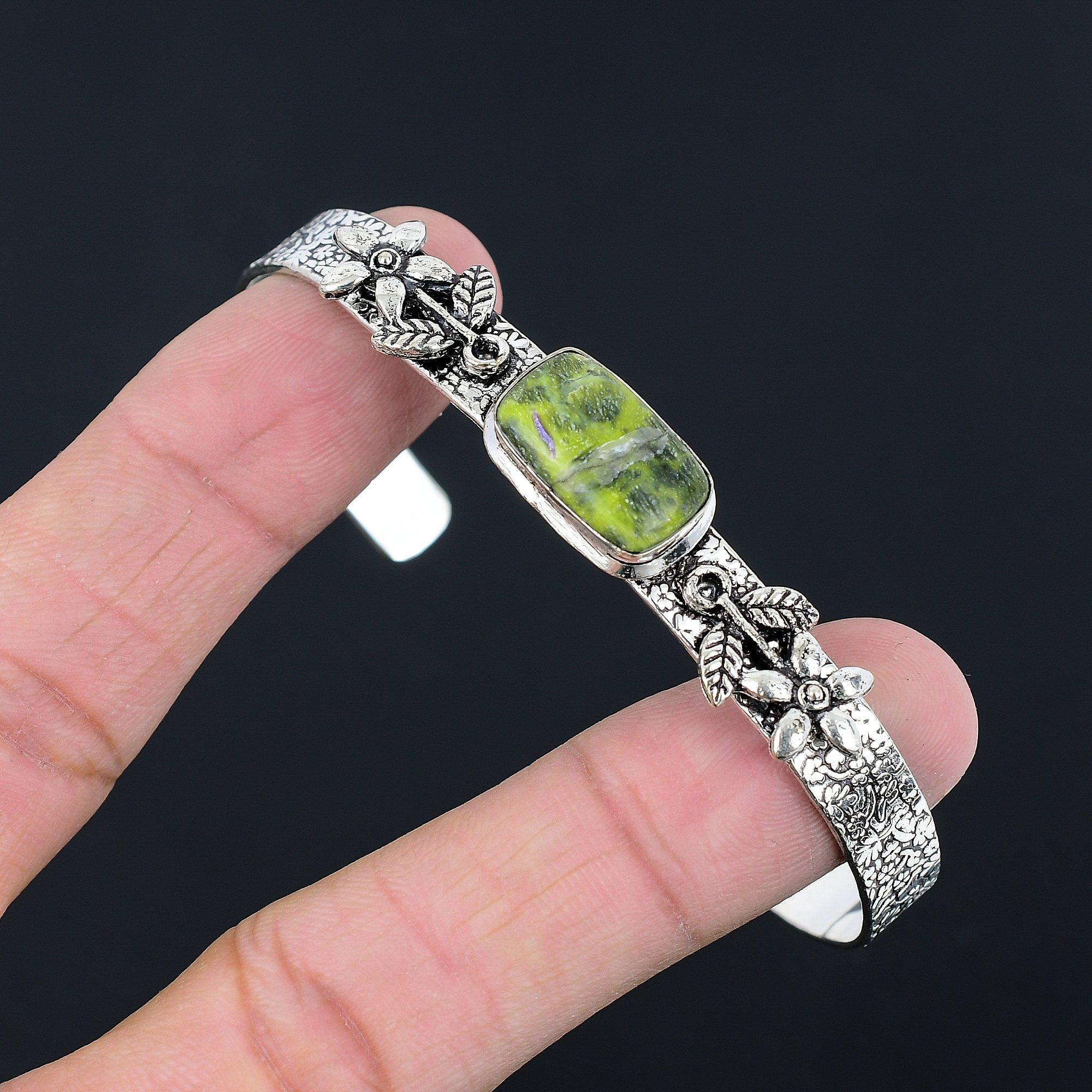 

Friendship Day Sale Atlantisite Stone 925 Sterling Silver Flower Bangle Bracelet Adjustable
