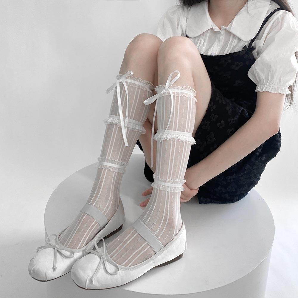 Lace Ribbon Ballet Middle Tube Socks Mesh Breathable Ruffle Trim Bow Lace Socks Bowknot Design Lolita Stockings Women