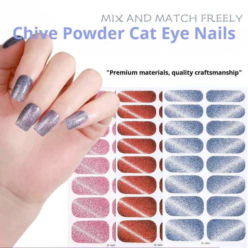 New Glitter Cat Eye Nail Polish Film Nail Stickers, 16-Neck Glitter Diagonal Cat Eye Waterproof Nail Art Stickers
