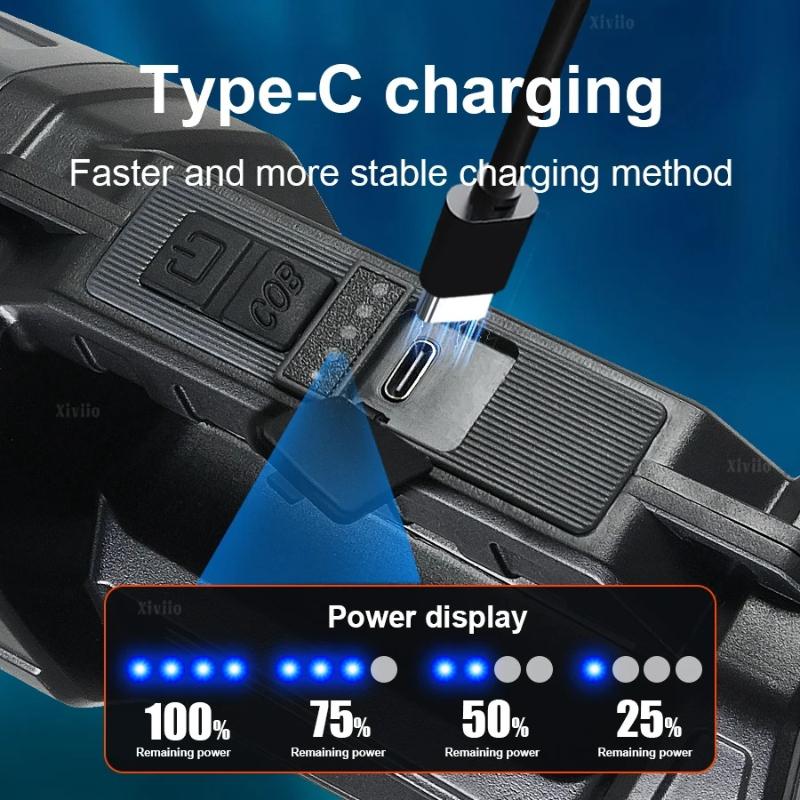 New LED Solar Searchlight Outdoor Long Range Flashlight Strong Light Torch Solar+Type C Rechargeable Flashlight Camping Lighting