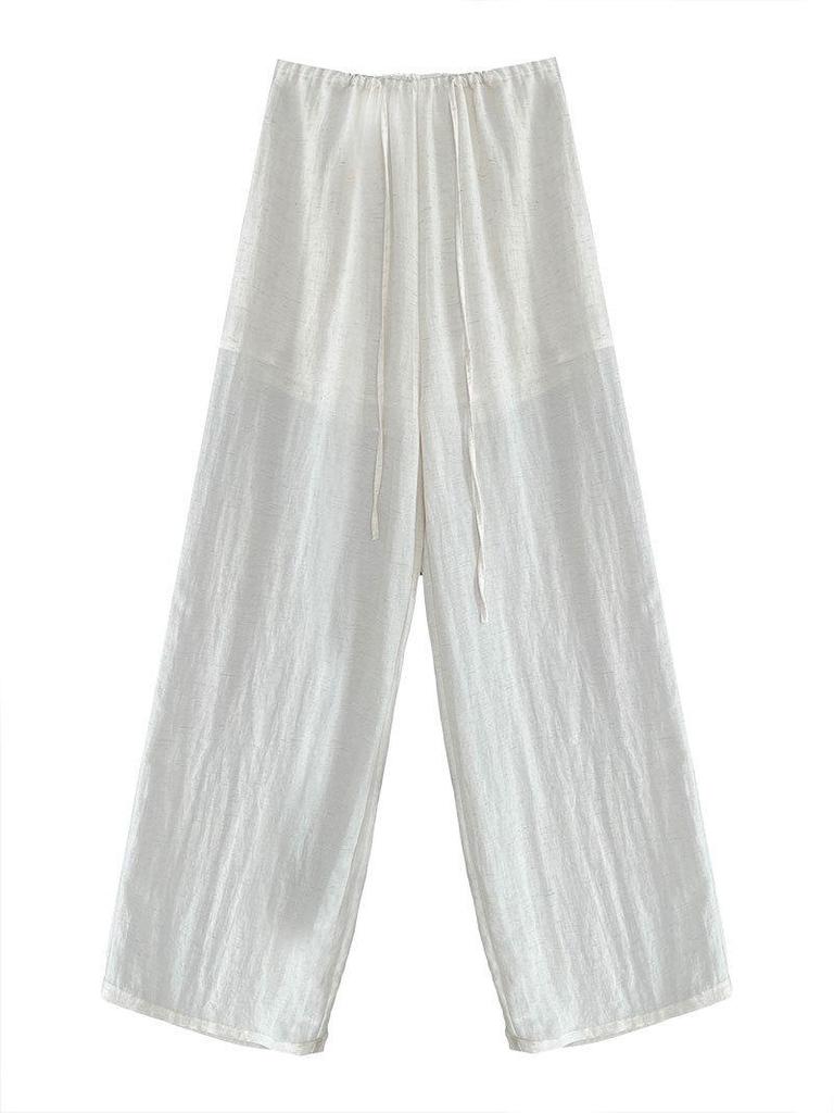 LUXI Women's Tencel Linen Elastic Waist Wide-Leg Summer Pants