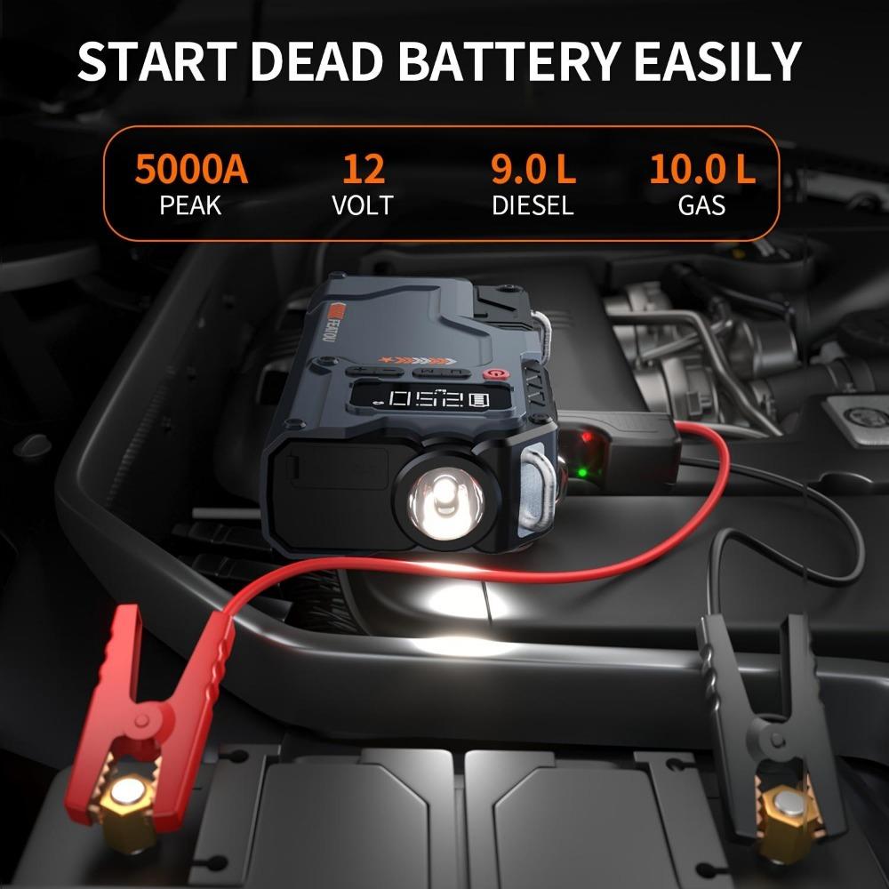 Tragbarer Starthilfe mit Luftkompressor 5000A Autostarter mit Luftpumpe 5 in 1 Funktion Starterbox 150PSI Starthilfe-Akkupack mit Digitalanzeige