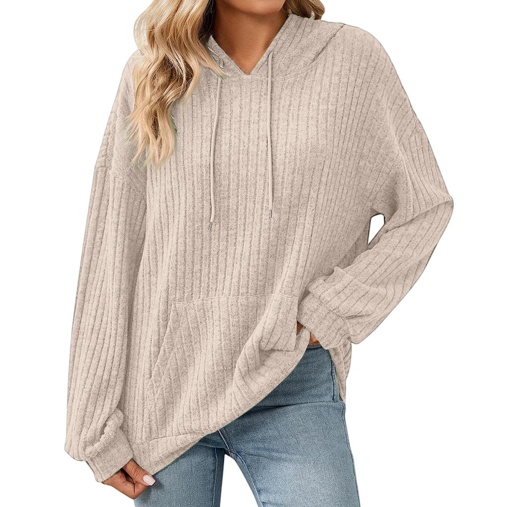 Damen Modischer Lockerer Langärmliger Kapuzenpullover mit Kordelzug und Tasche, Einfarbiges Oberteil