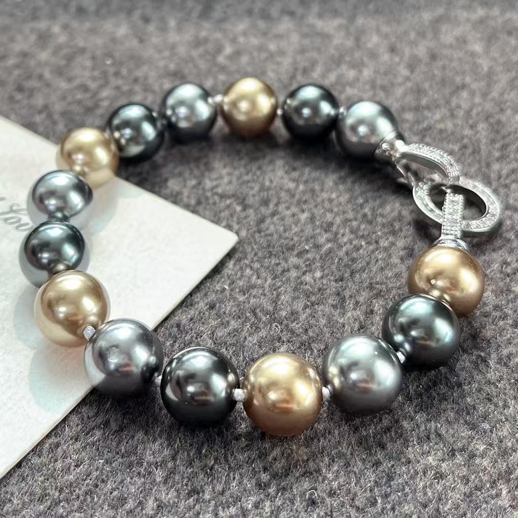 Retro High Quality Strong Light Black Coffee Color Artificial Water Crystal Tahitian Pearl Bracelet