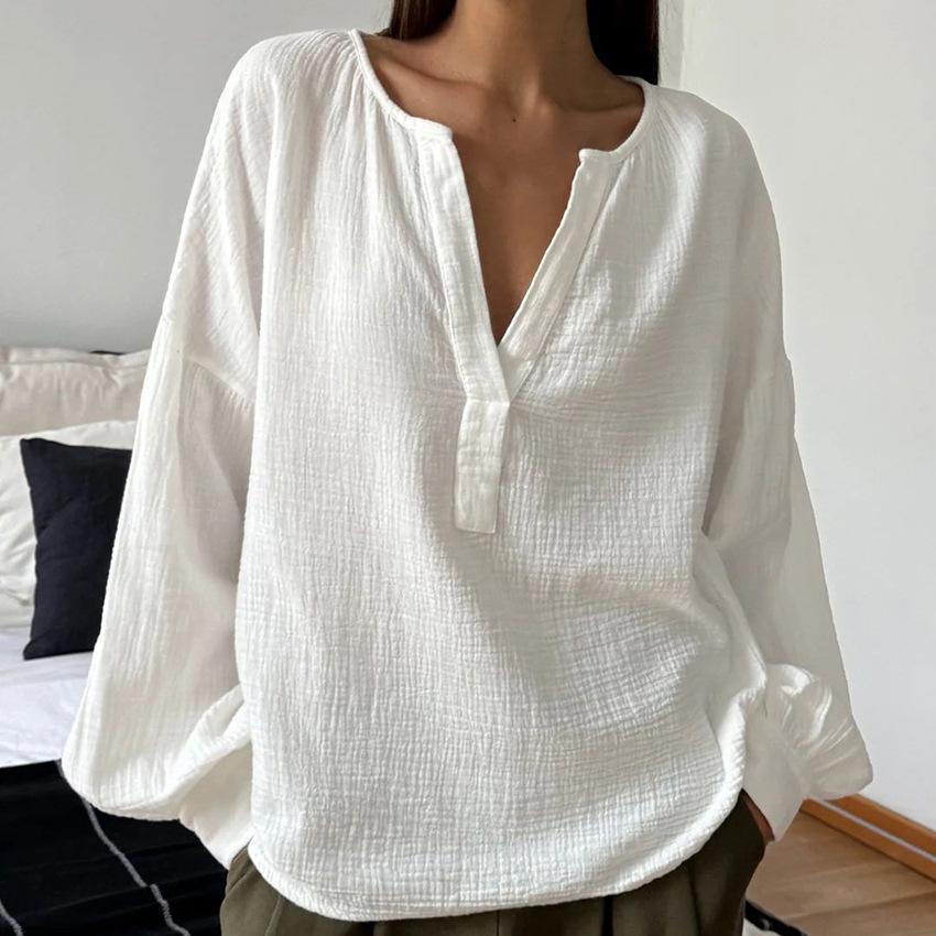 French lantern sleeves loose casual pure cotton crepe shirt 1116 European and American autumn fashion new top women