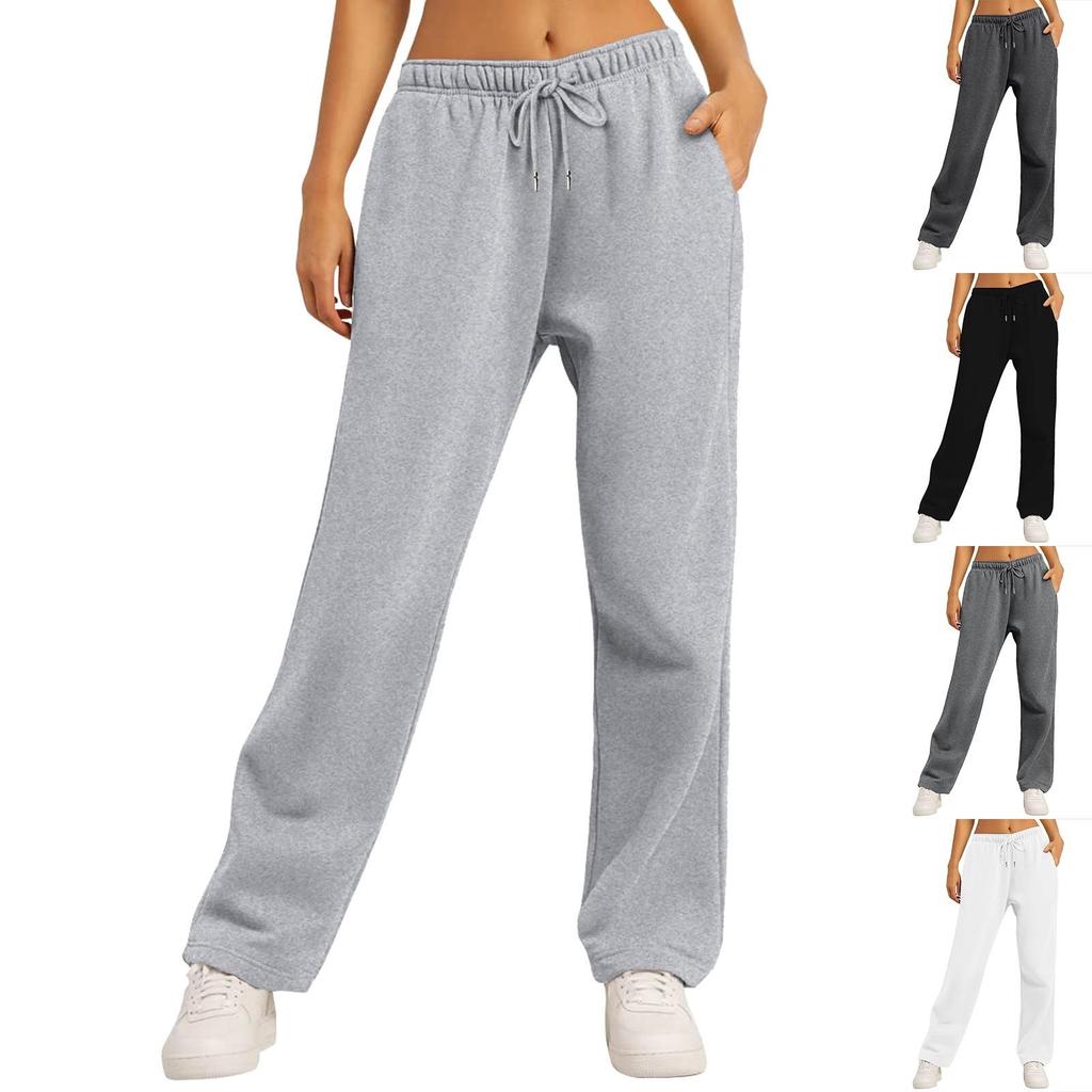 Damen-Winter-Jogginghose, einfarbig, Freizeithose, Damen-Fleece-Jogginghose, weites Bein, gerade Hose