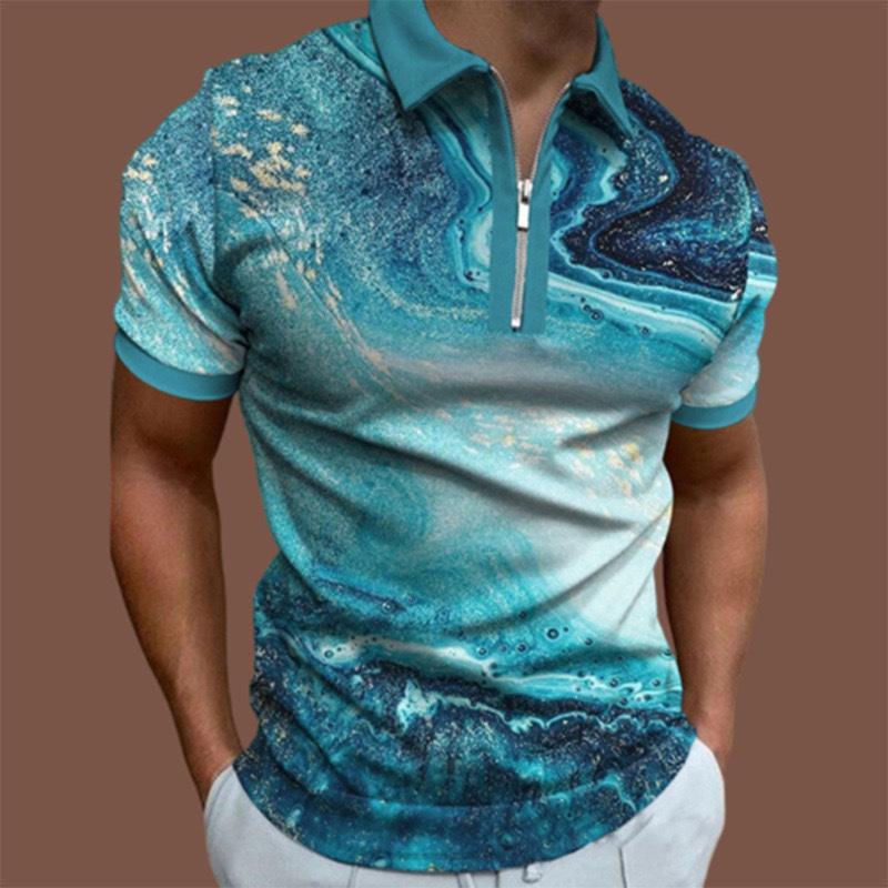 Trendy Geometric Print Short Sleeve Half-Zip Polo Shirt