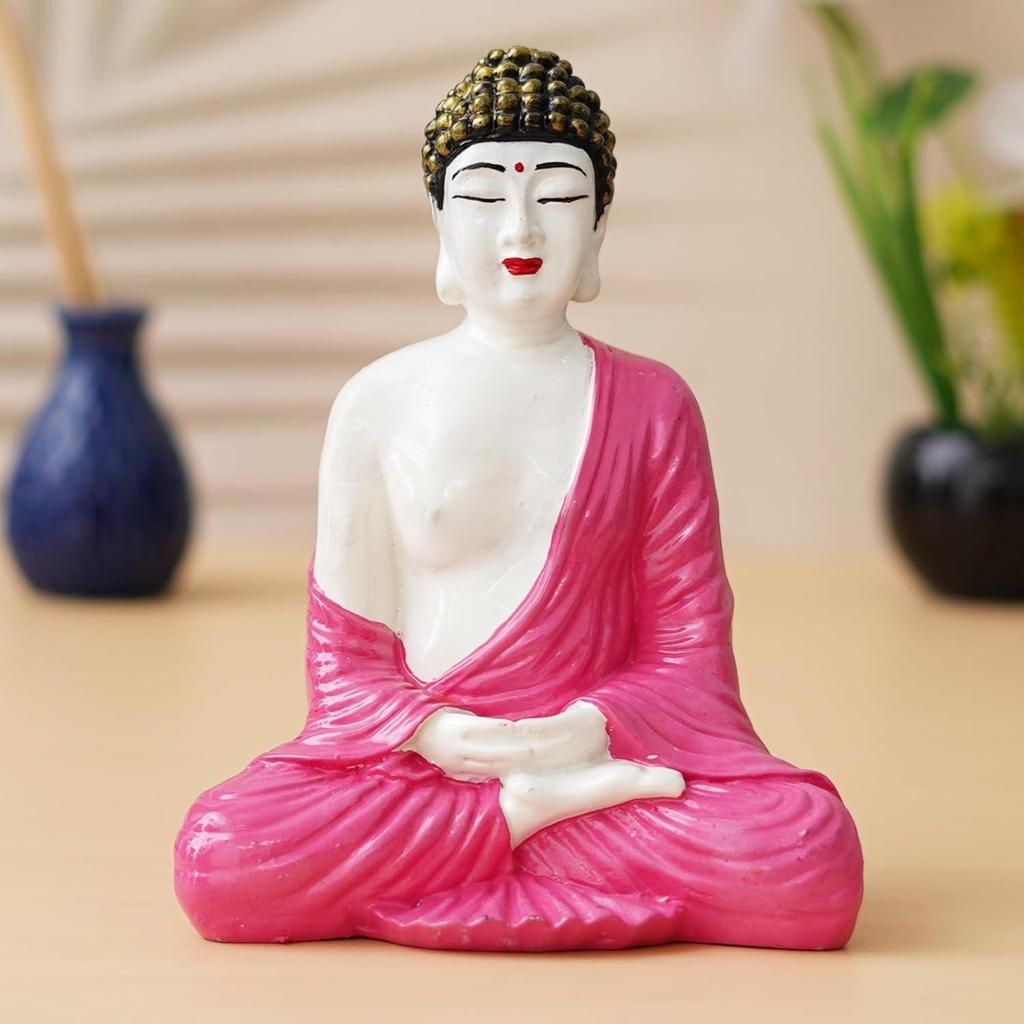White Pink Resin Handcrafted Meditating Lord Buddha Statue for Living Room Home Decor Office