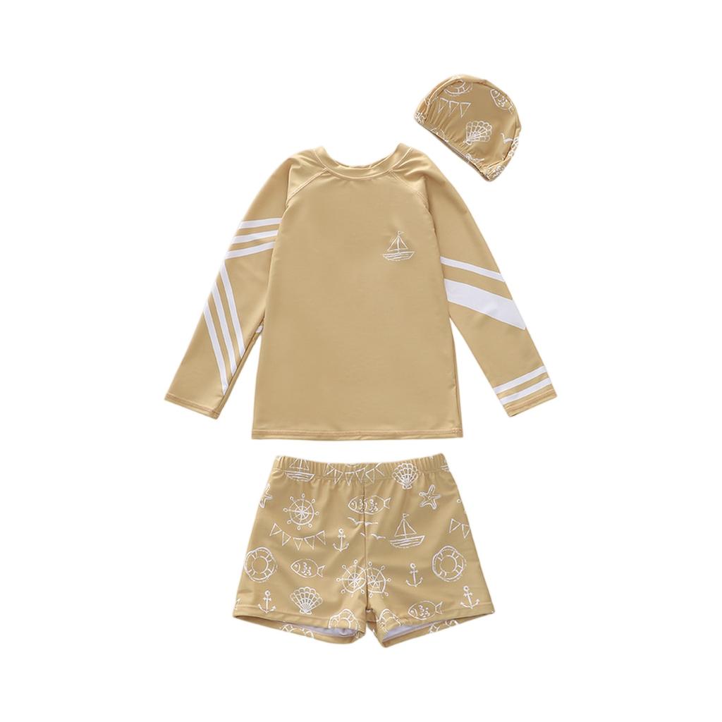 Boys Three Piece Swimwear Set Long Sleeve Rash Guard Swim Shirt Swim Shorts and Swim Cap Cartoon Print Lightweight Quick Dry