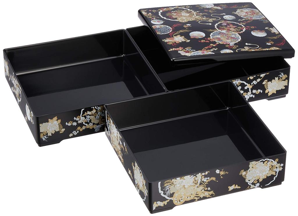 Wakaizumi Lacquerware 3-Tiered Box, 6.5 inches, Black Flower and Circle Pattern (Black Interior), H-150-57A