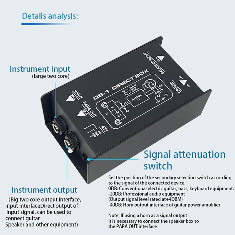 Compactly Passive DI Box with Input Attenuator Hum Eliminators for Connecting Instrument to Balanced 6.35mm Output