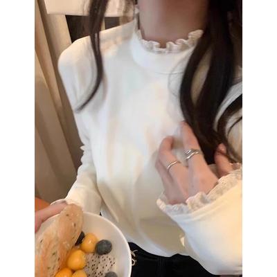 Cotton Semi-turtleneck Lace Long-sleeved T-shirt Women's Spring Slim-fit Bottoming Shirt with Top