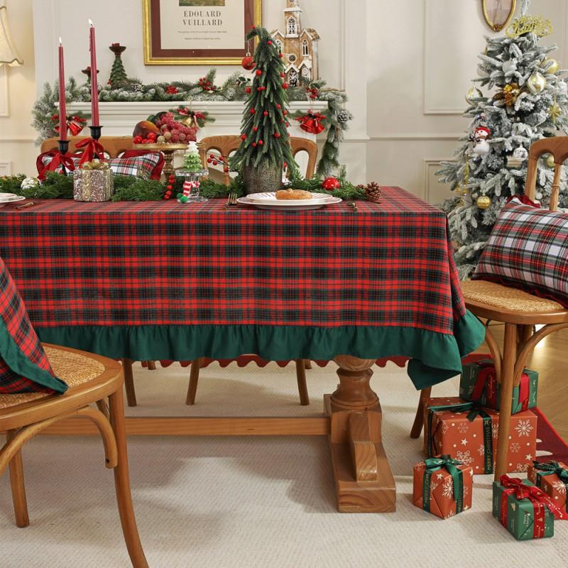 Christmas Tablecloth Woven Cotton Plaid Table Cover With Ruffled Trim Dining Decor