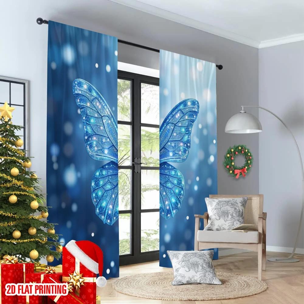 Flat Printing Window Curtains Sparkling Blue Butterfly Jewels Digital Printed Polyester Drapes All Season Party Curtain Set Of 2 Made Washable