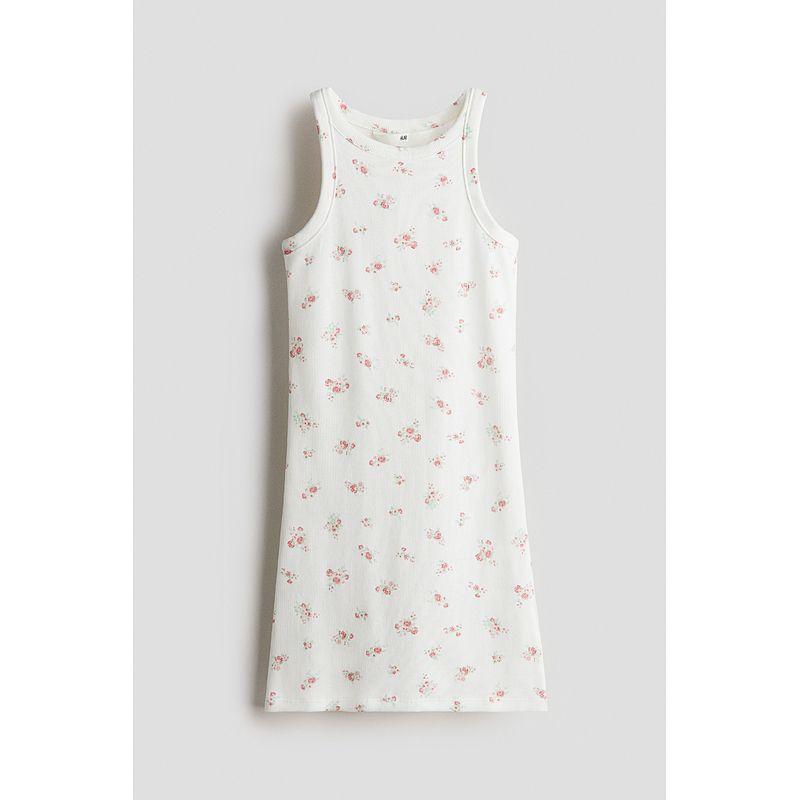 

HM Детская одежда Платье для девочки 2025 Лето Новое поступление Полоски Без рукавов Трикотажное платье в рубчик 1273931 White/Florals 170/88(14Y +)