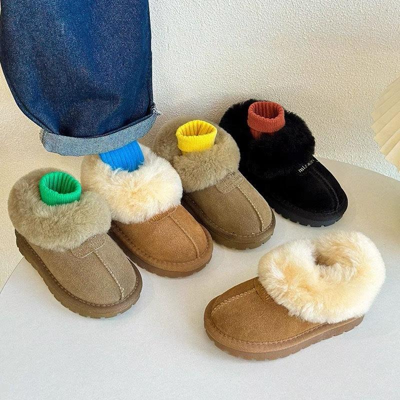 Children's Genuine Leather Snow Boots Lamb Wool Cotton Shoes Korean Style Plus Velvet Thickened Loafers