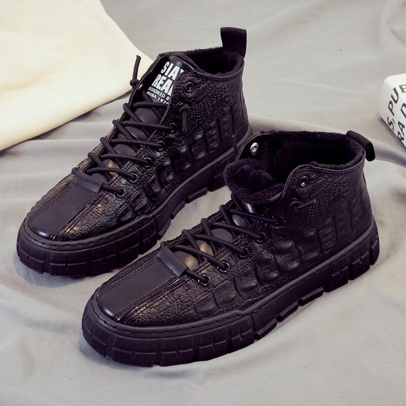 New Winter Men 'S Casual Shoes Leather Upper Plus Velvet Warm Male Boots  Korean Version Trend Black Round Head Men 'S Shoes