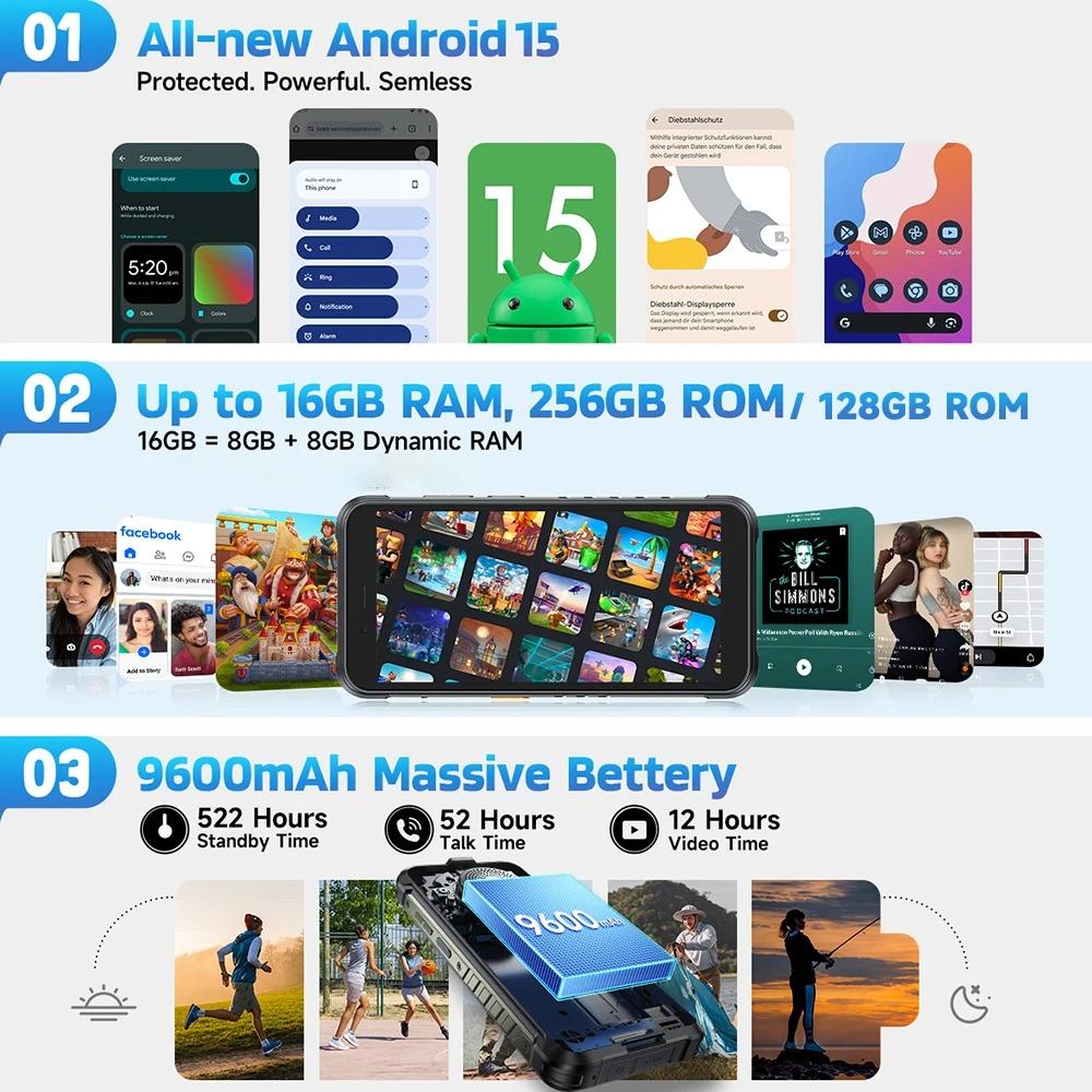 Ulefone RugKing 4G Rugged Phone Android 15 Up to 16GB+128GB Waterproof Smartphone 9600mAh NFC Global Version 5.99"