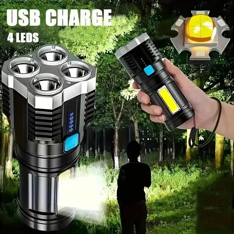 Powerful LED Flashlight with 4 LED Beads and COB Side Lights – USB Rechargeable, Waterproof Torch with 4 Modes for Camping, Hiking, Work