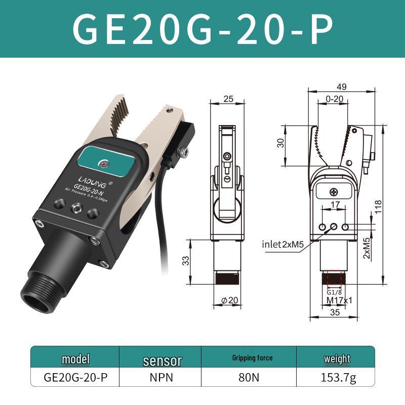 Double-Acting Pneumatic Needle-Nose Gripper GE20B-20 for Robotic Arm and Water Jet Applications